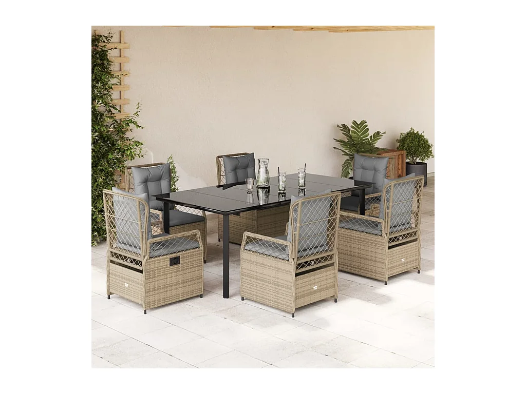 Ensemble à manger de jardin et coussins 7 pcs beige poly rotin