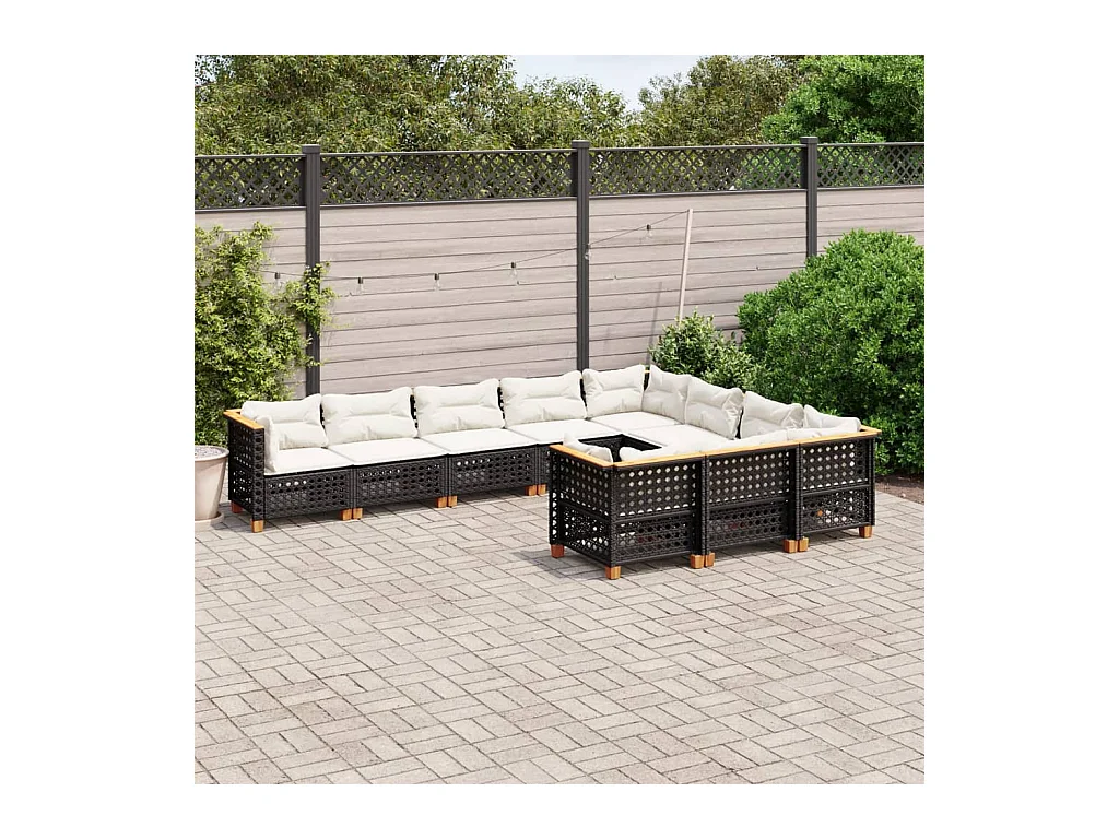 10-delige Loungeset met kussens poly rattan zwart