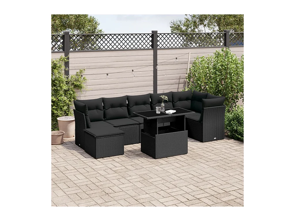 8-delige Loungeset met kussens poly rattan zwart
