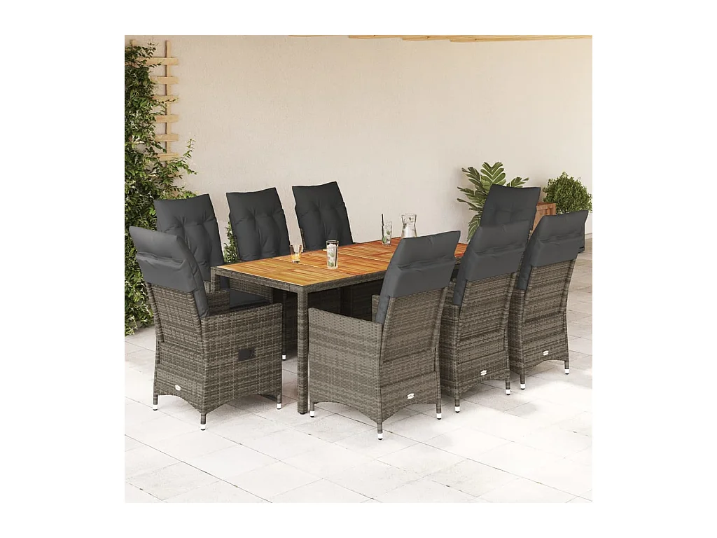 Set da Pranzo da Giardino 9 pz con Cuscini in Polyrattan Grigio