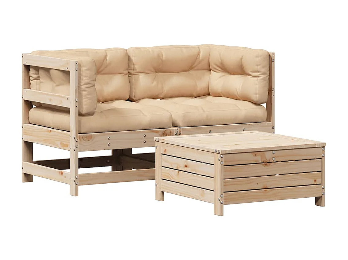 3-tlg. Garten-Lounge-Set mit Kissen Massivholz Kiefer