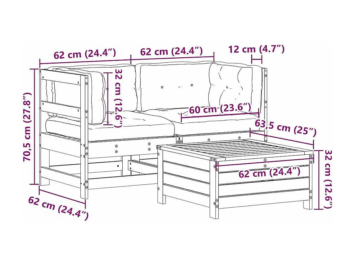 3-tlg. Garten-Lounge-Set mit Kissen Massivholz Kiefer