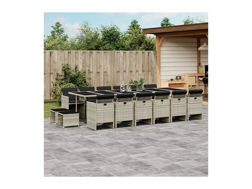 Ensemble à manger de jardin et coussins 17 pcs gris clair rotin