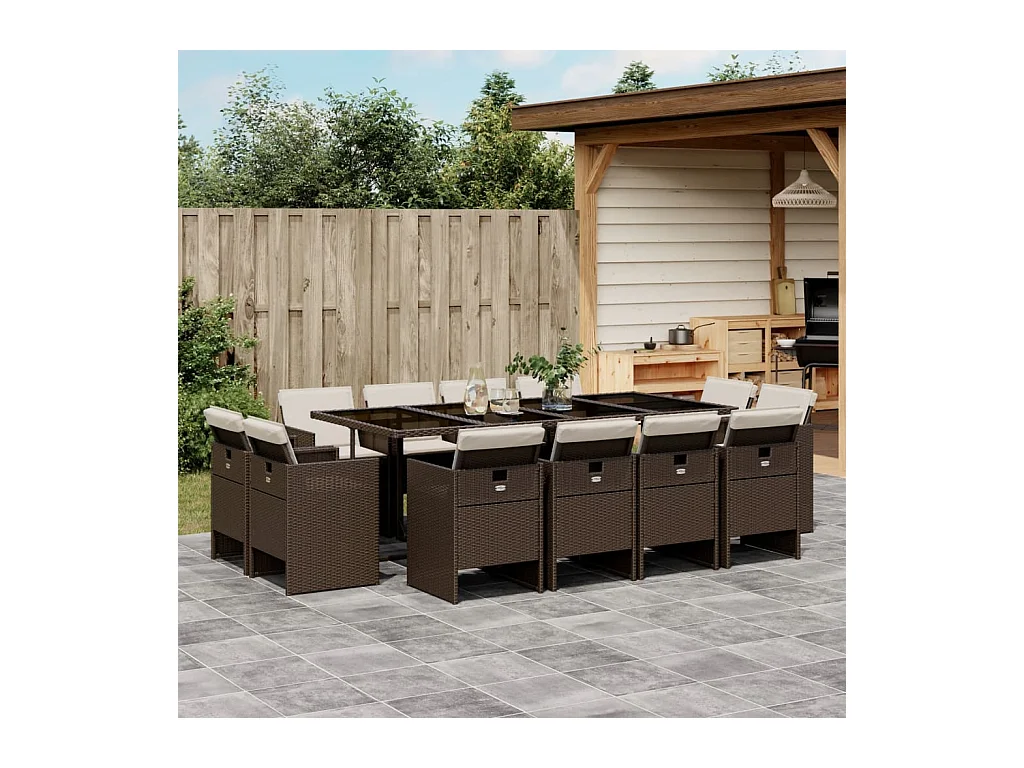 13-tlg. Garten-Essgruppe mit Kissen Braun Poly Rattan