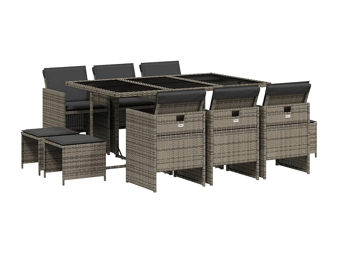 11-delige Tuinset met kussens poly rattan grijs