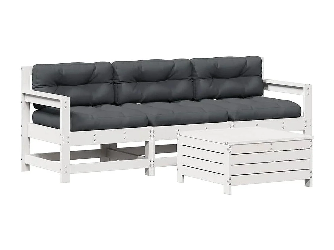 Salon de jardin 4 pcs avec coussins blanc bois de pin massif