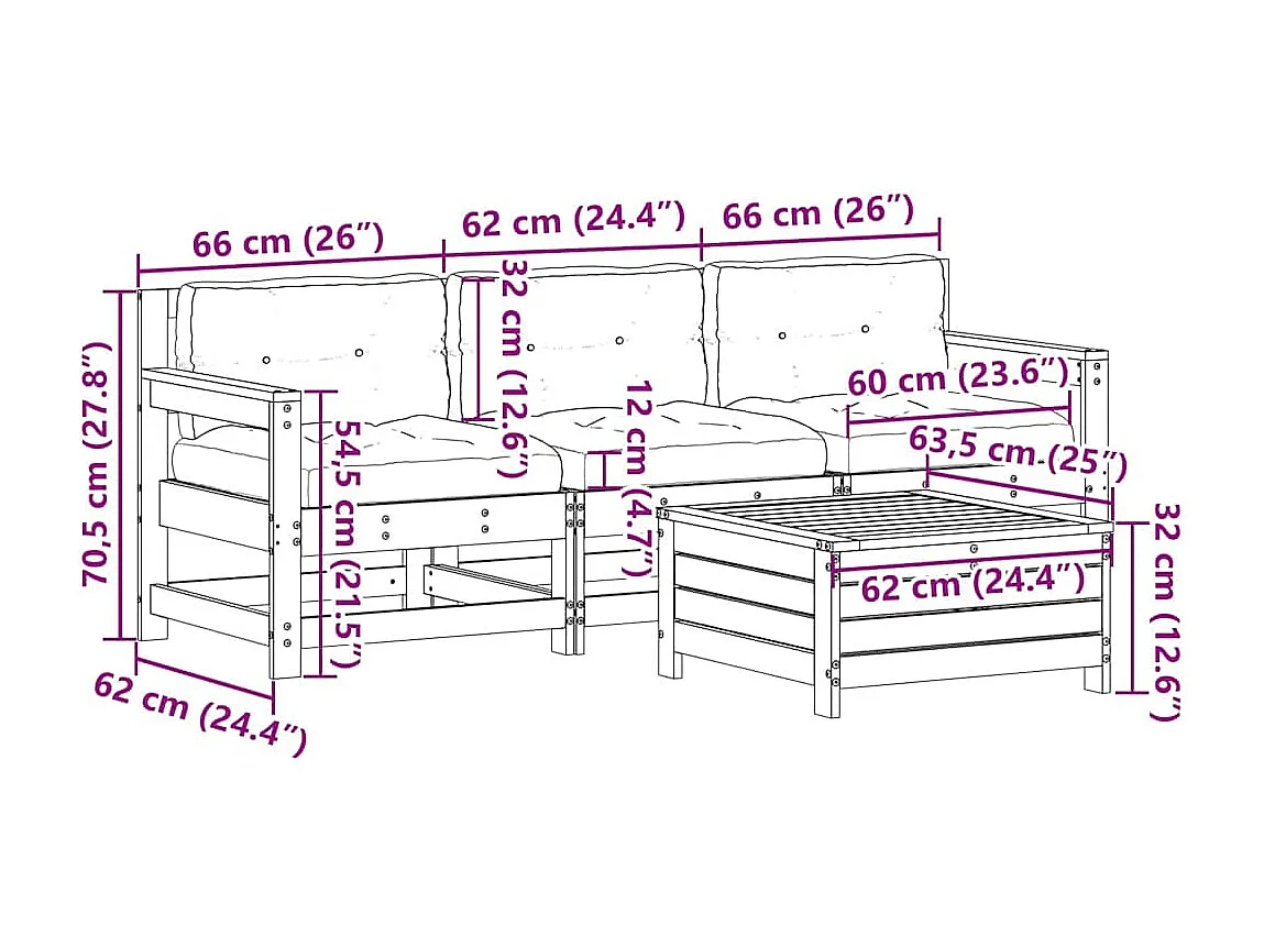 4-delige Loungeset met kussens massief grenenhout