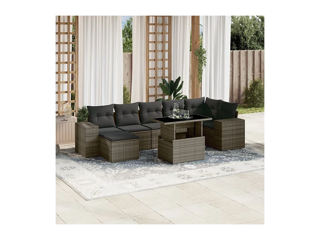 8 pcs conjunto sofás de jardim c/ almofadões vime PE cinzento