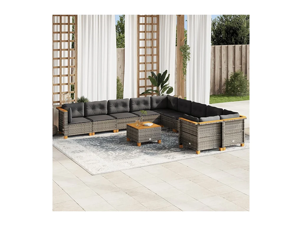 11-tlg. Garten-Sofagarnitur mit Kissen Grau Poly Rattan
