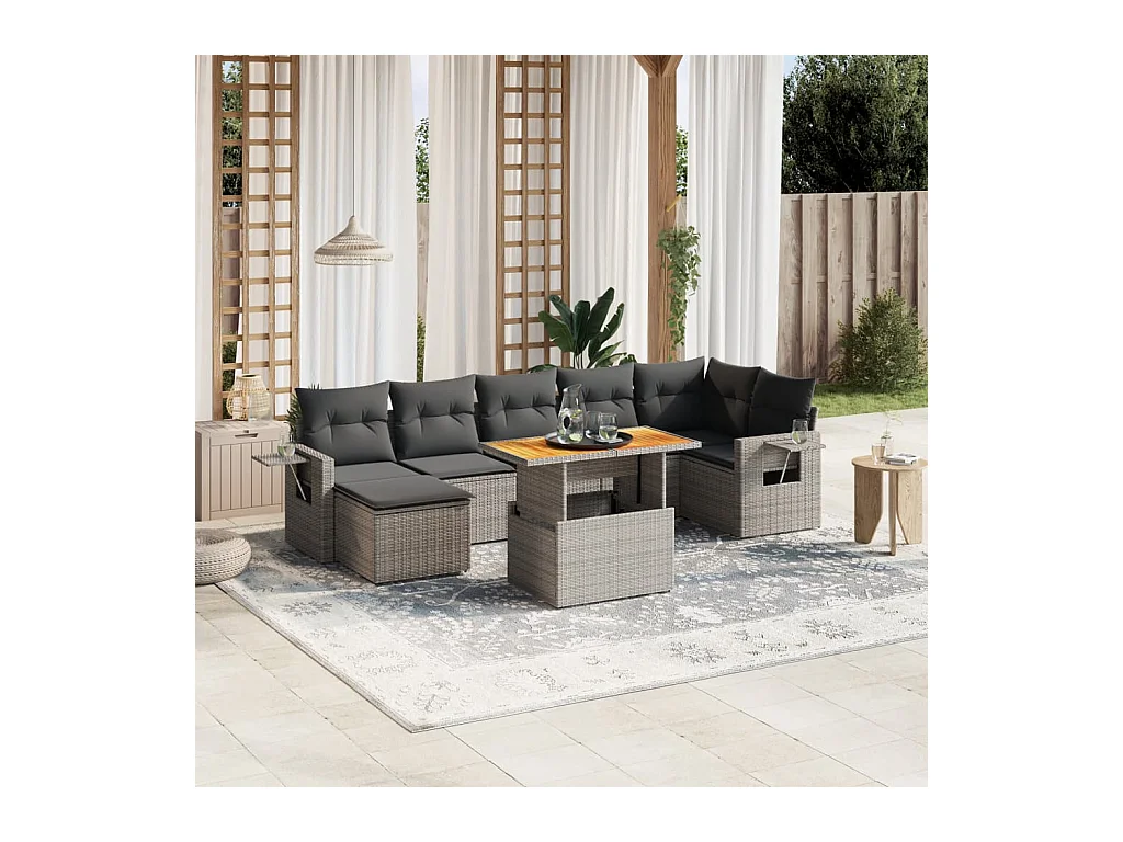 8-tlg. Garten-Sofagarnitur mit Kissen Grau Poly Rattan