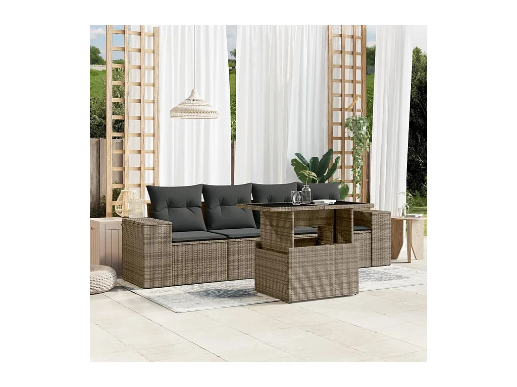 5-delige Loungeset met kussens poly rattan grijs