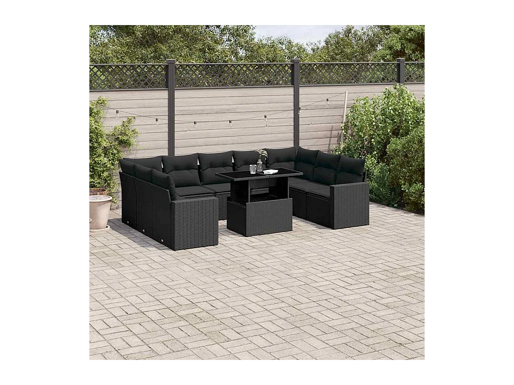 10-tlg. Garten-Sofagarnitur mit Kissen Schwarz Poly Rattan
