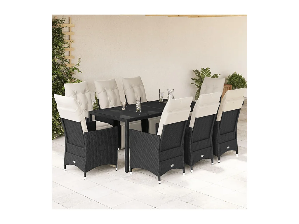Ensemble à manger de jardin 9pcs coussins noir résine tressée