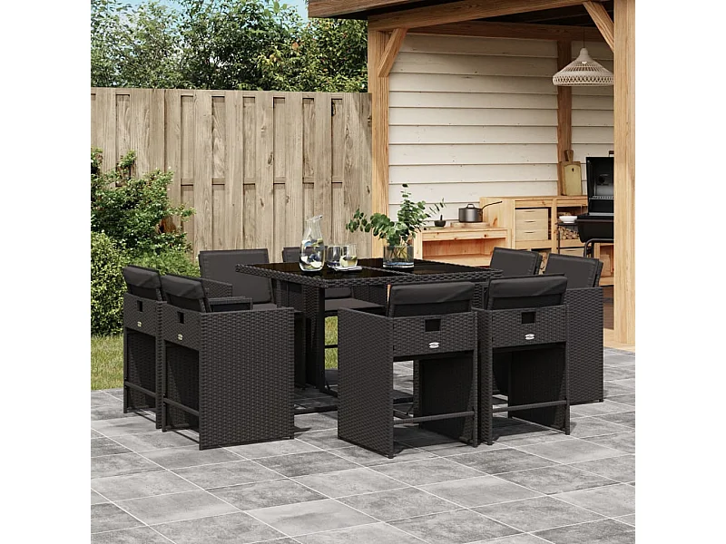 9-tlg. Garten-Essgruppe mit Kissen Schwarz Poly Rattan