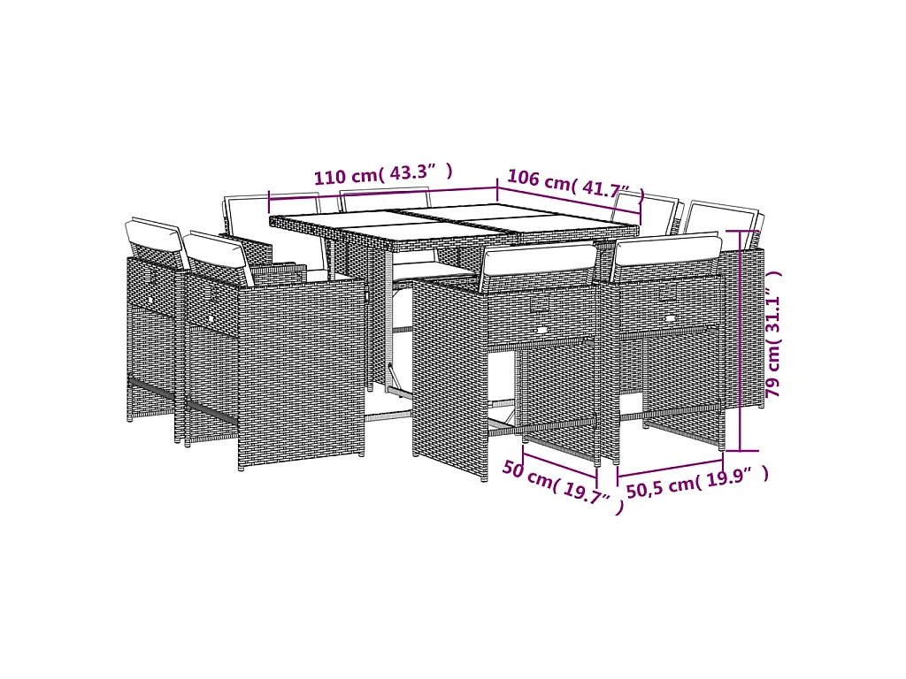 Ensemble à manger de jardin 9pcs coussins noir résine tressée