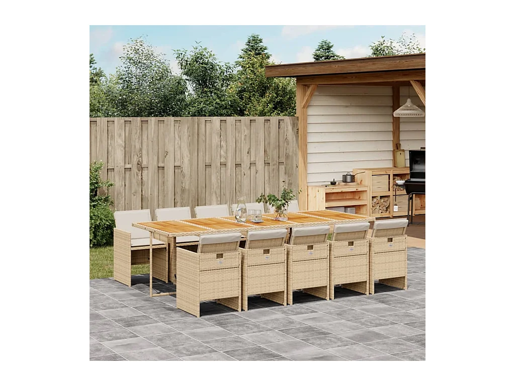 Set da Pranzo da Giardino 11 pz con Cuscini Beige in Polyrattan