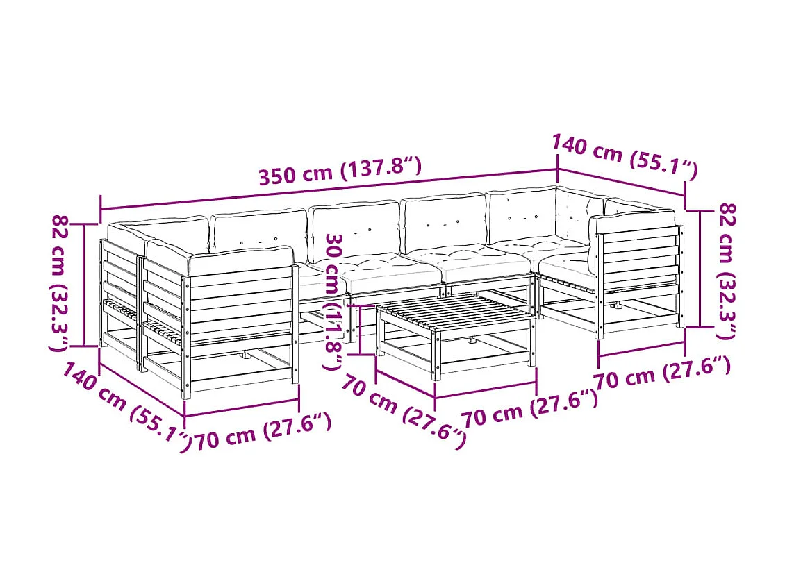Salon de jardin 8 pcs avec coussins bois de pin imprégné