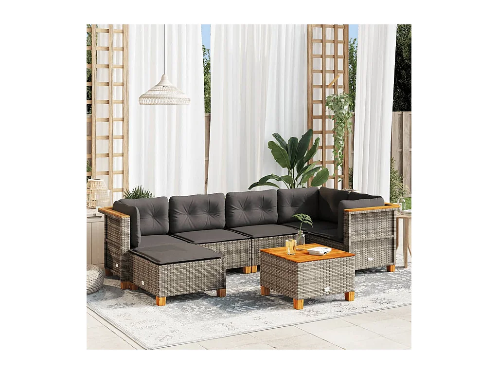 7-tlg. Garten-Sofagarnitur mit Kissen Grau Poly Rattan