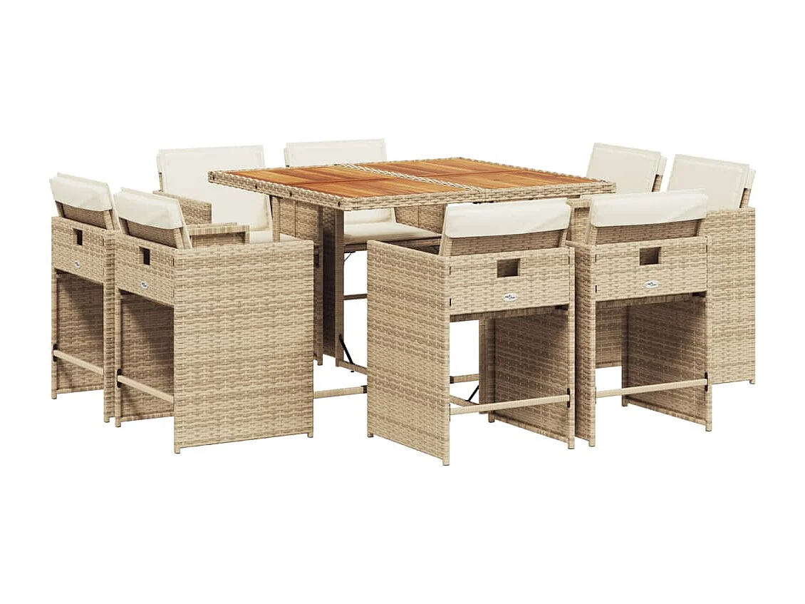 Set da Pranzo da Giardino 9 pz con Cuscini Beige in Polyrattan
