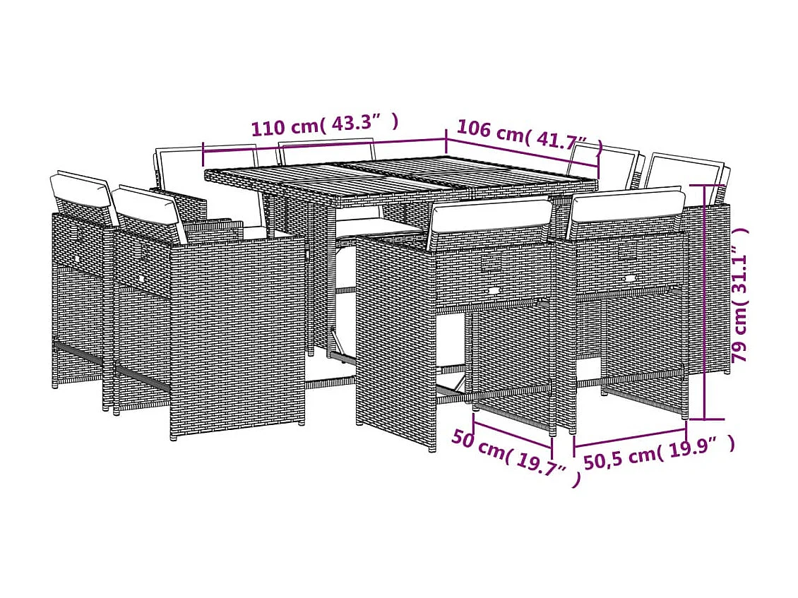 Set da Pranzo da Giardino 9 pz con Cuscini Beige in Polyrattan