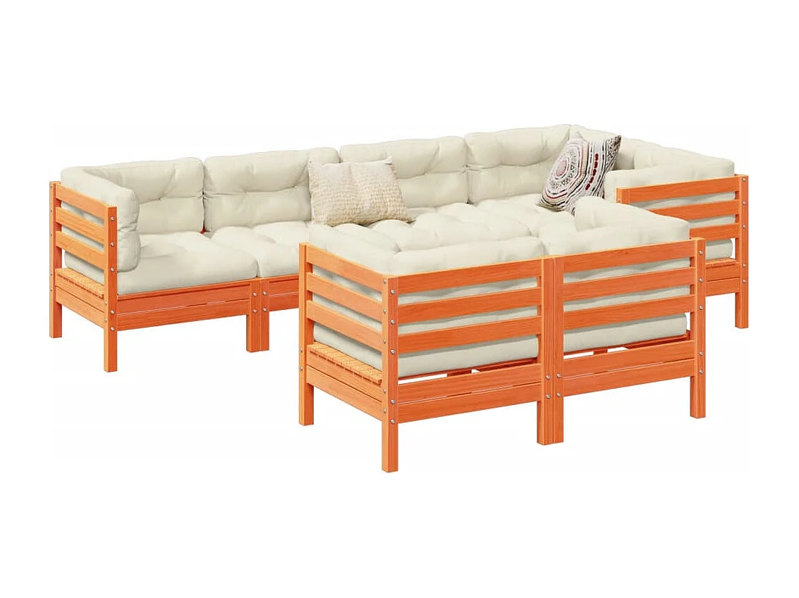 Salon de jardin 7 pcs avec coussins cire marron bois pin massif