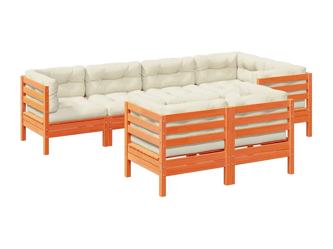 Salon de jardin 7 pcs avec coussins cire marron bois pin massif