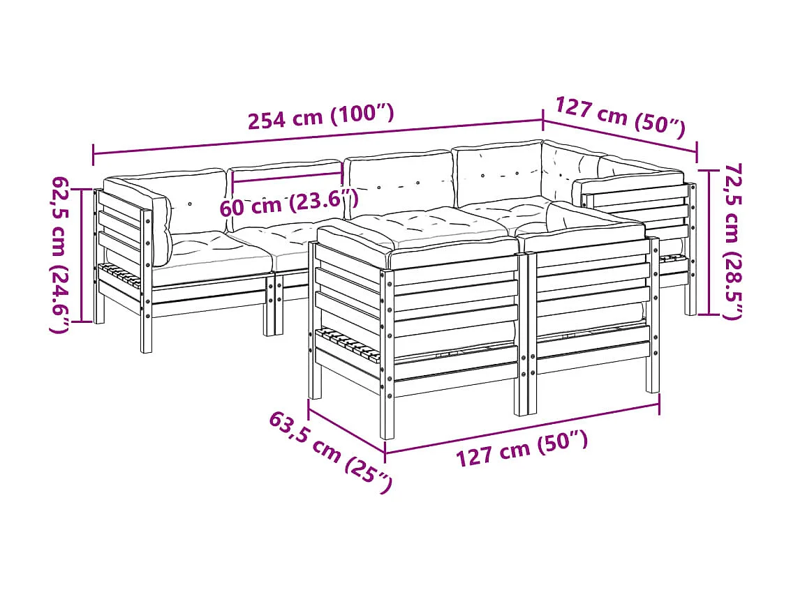 Salon de jardin 7 pcs avec coussins cire marron bois pin massif