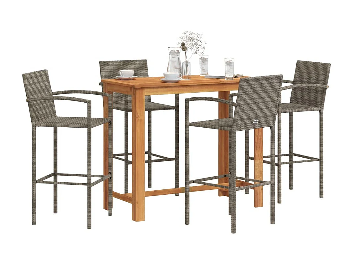 5-tlg. Gartenbar-Set Grau Massivholz Akazie und Poly Rattan