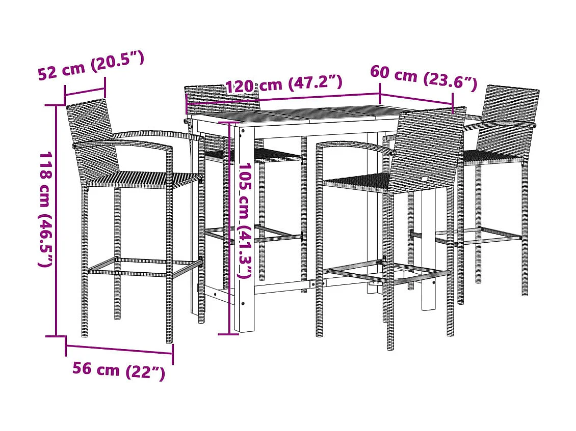 5-tlg. Gartenbar-Set Grau Massivholz Akazie und Poly Rattan