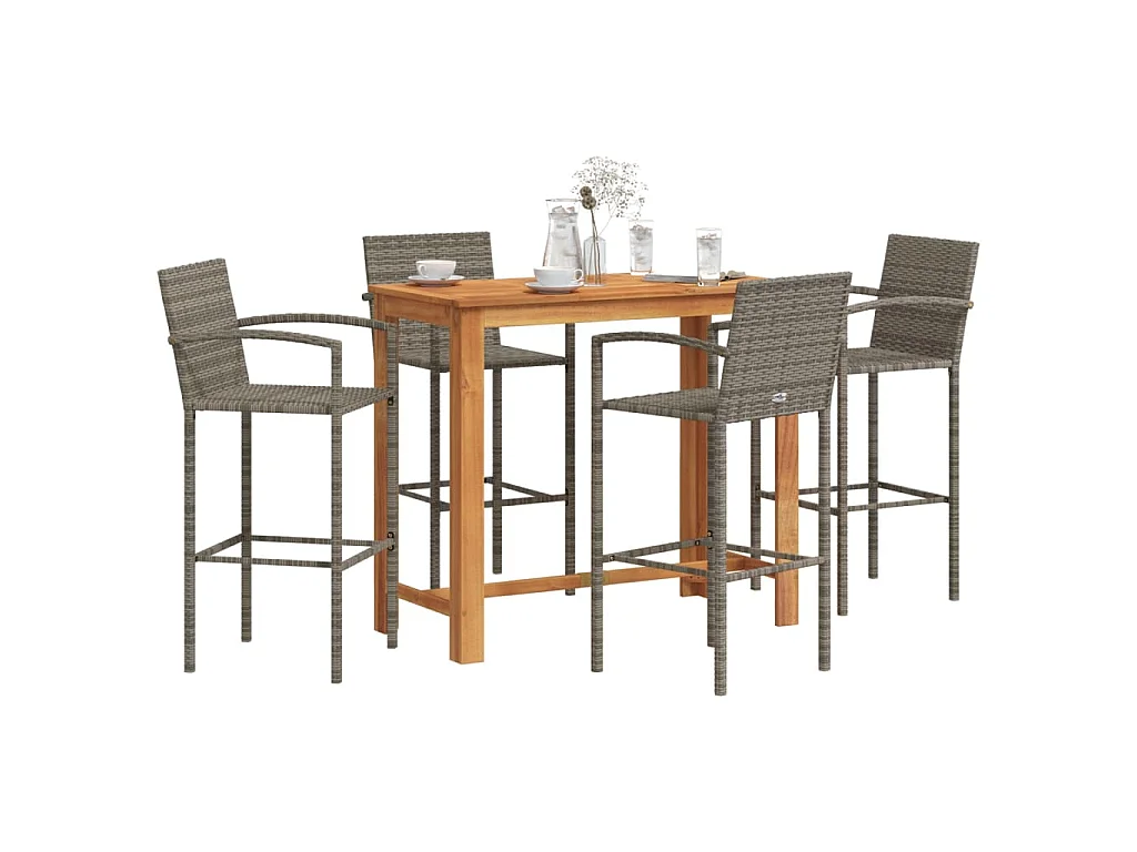 5-tlg. Gartenbar-Set Grau Massivholz Akazie und Poly Rattan