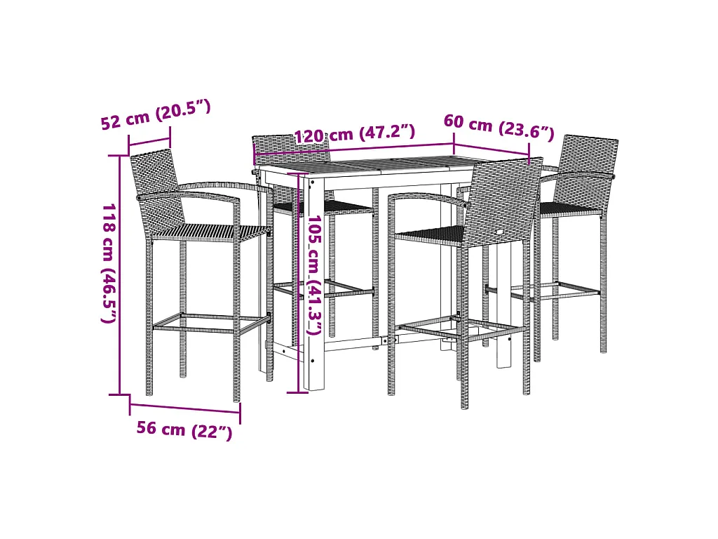 5-tlg. Gartenbar-Set Grau Massivholz Akazie und Poly Rattan