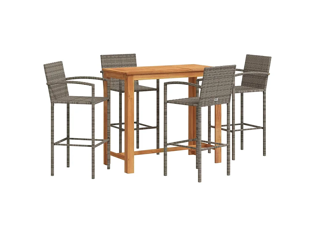 Set Bar Giardino 5pz Grigio Legno Massello Acacia e Polyrattan