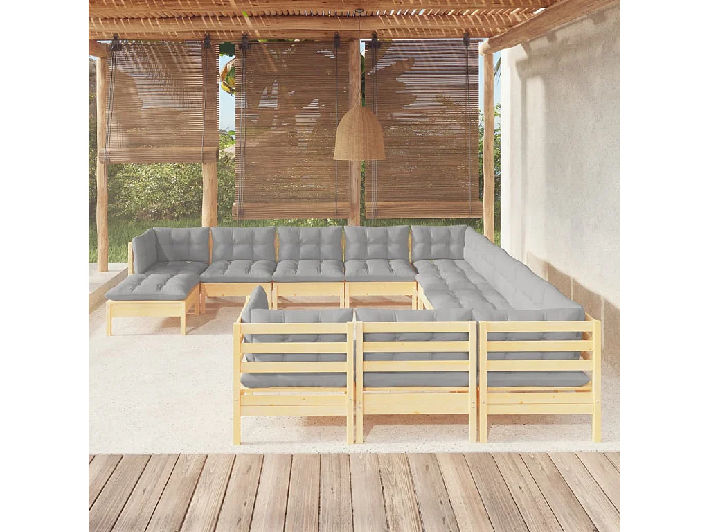 Salon de jardin 12 pcs avec coussins gris Bois de pin