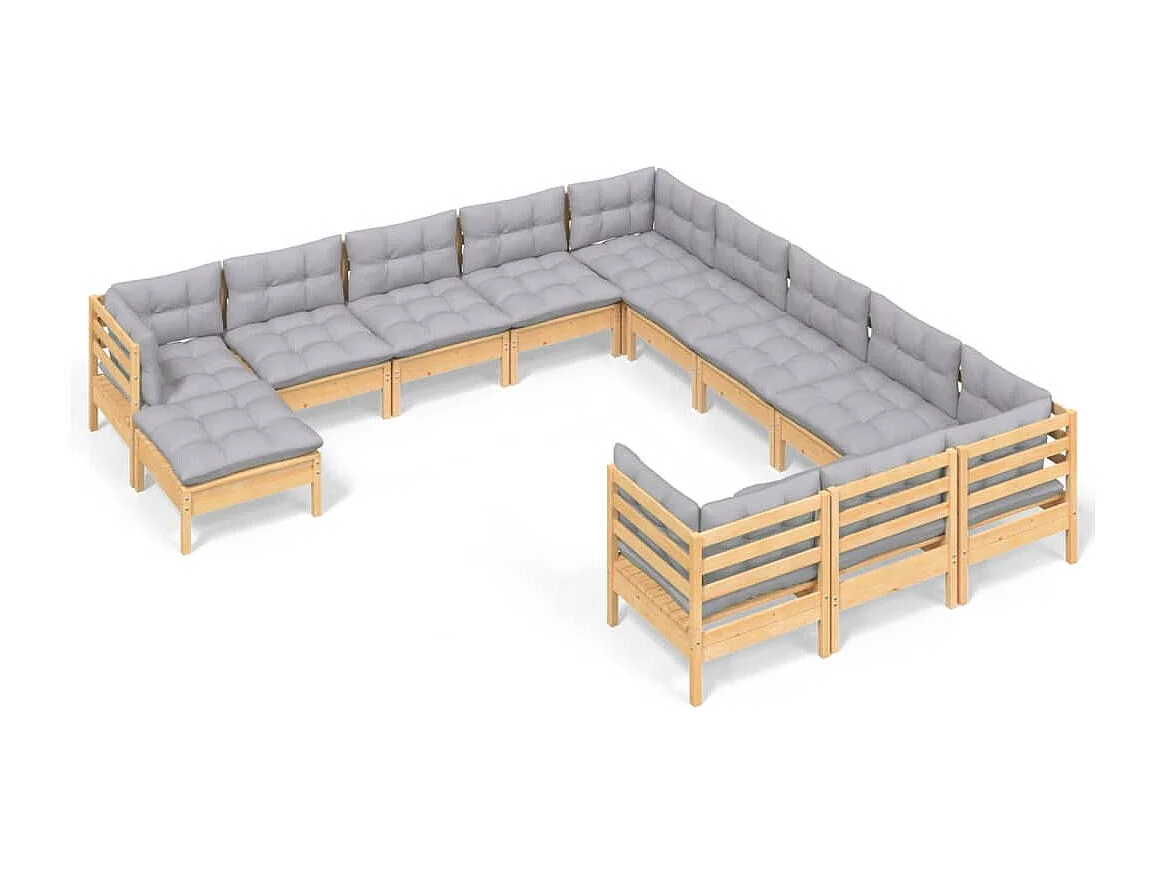 Salon de jardin 12 pcs avec coussins gris Bois de pin