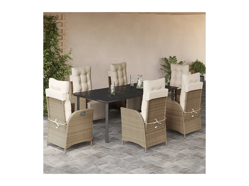 Set da Pranzo da Giardino 7 pz con Cuscini Beige in Polyrattan