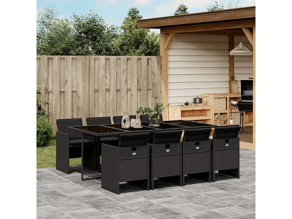 Set da Pranzo da Giardino 9 pz con Cuscini Nero in Polyrattan
