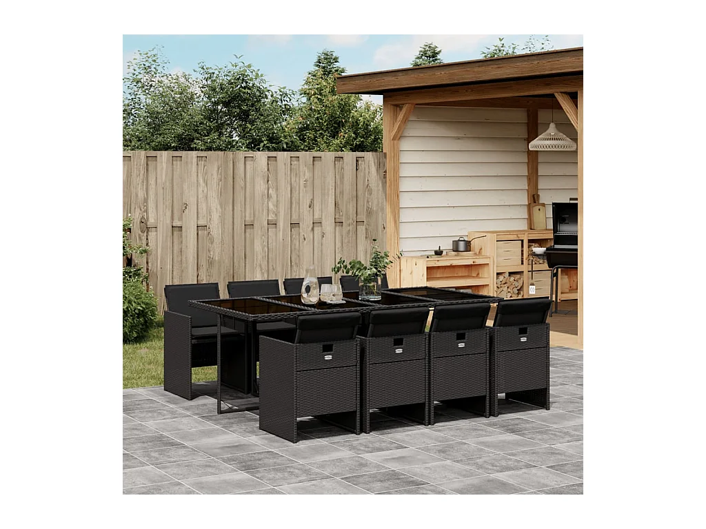 Ensemble à manger de jardin 9pcs coussins noir résine tressée