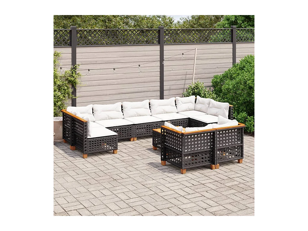 Set Divani da Giardino 10pz con Cuscini in Polyrattan Nero
