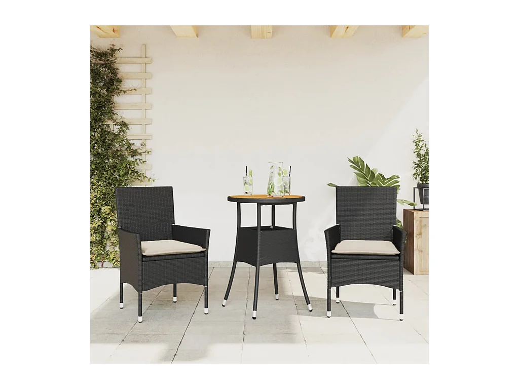 Set Pranzo da Giardino 3 pz con Cuscini Nero Polyrattan Acacia