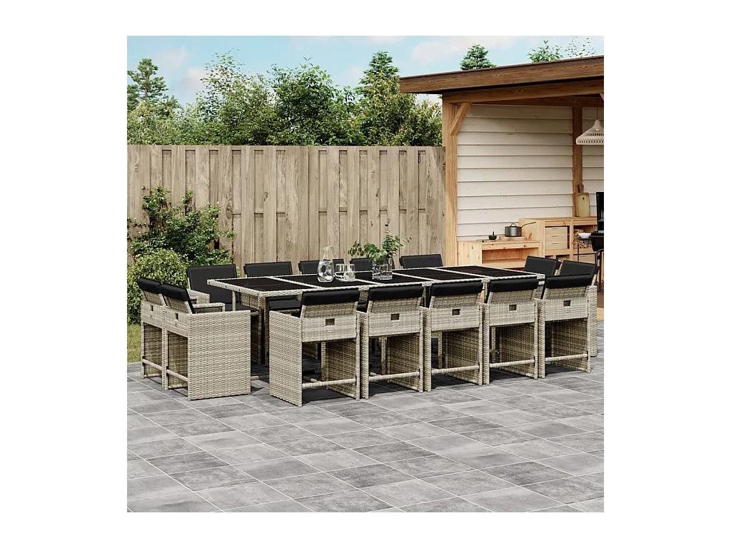 Ensemble à manger de jardin et coussins 15 pcs gris clair rotin