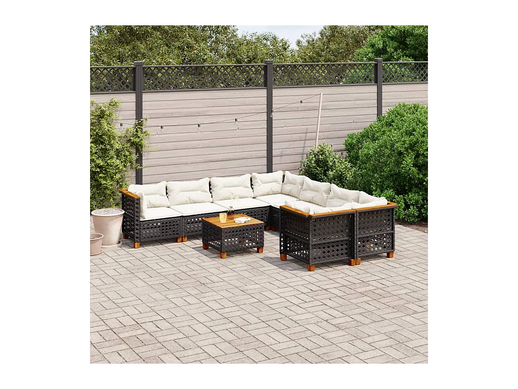 9-delige Loungeset met kussens poly rattan zwart