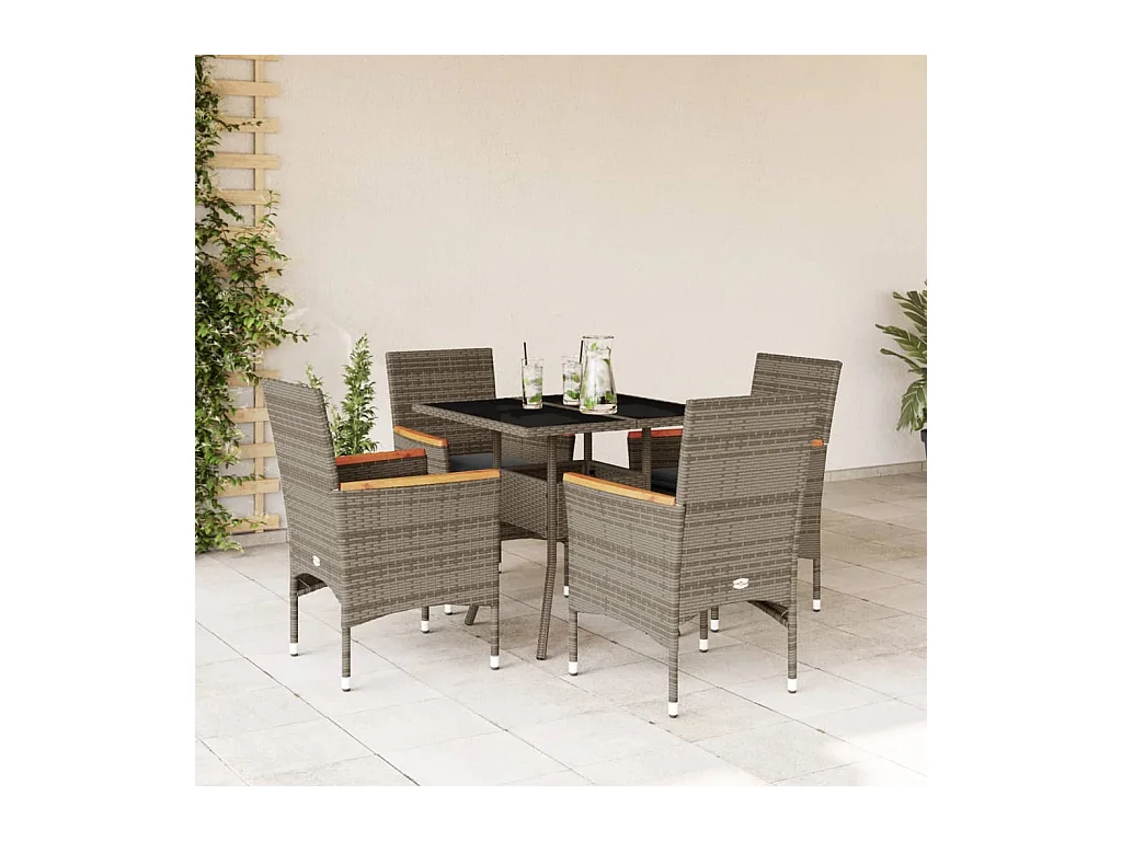 Ensemble à manger de jardin et coussins 5 pcs gris rotin verre
