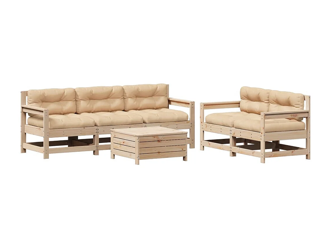 6-delige Loungeset met kussens massief grenenhout