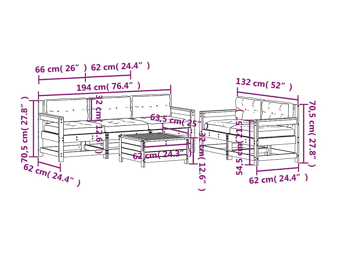 6-delige Loungeset met kussens massief grenenhout