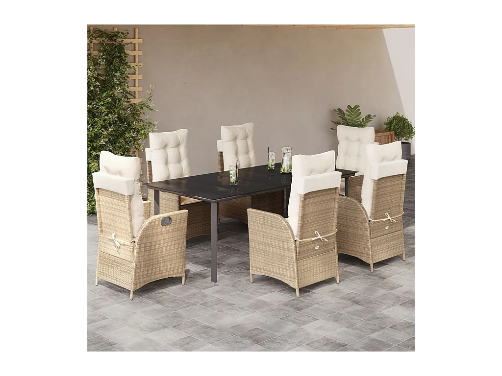 Set da Pranzo da Giardino 7 pz con Cuscini Beige in Polyrattan