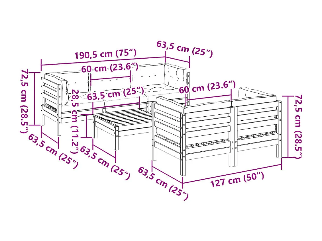 Salon de jardin 6 pcs avec coussins cire marron bois pin massif