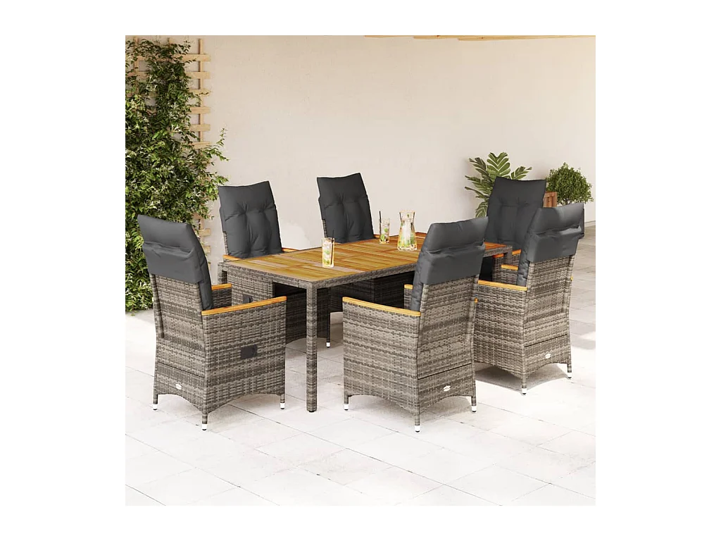 7-tlg. Garten-Essgruppe mit Kissen Grau Poly Rattan
