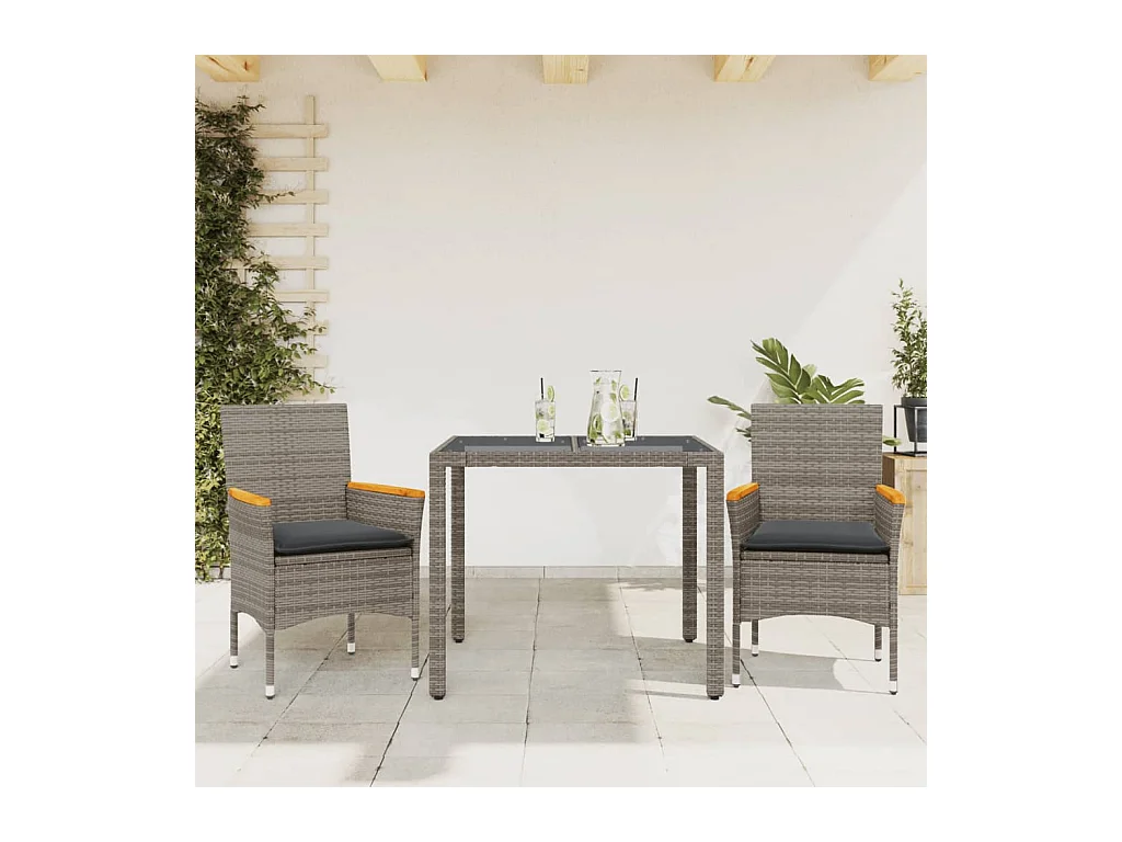 Set da Pranzo da Giardino 3pz con Cuscini in Polyrattan e Vetro