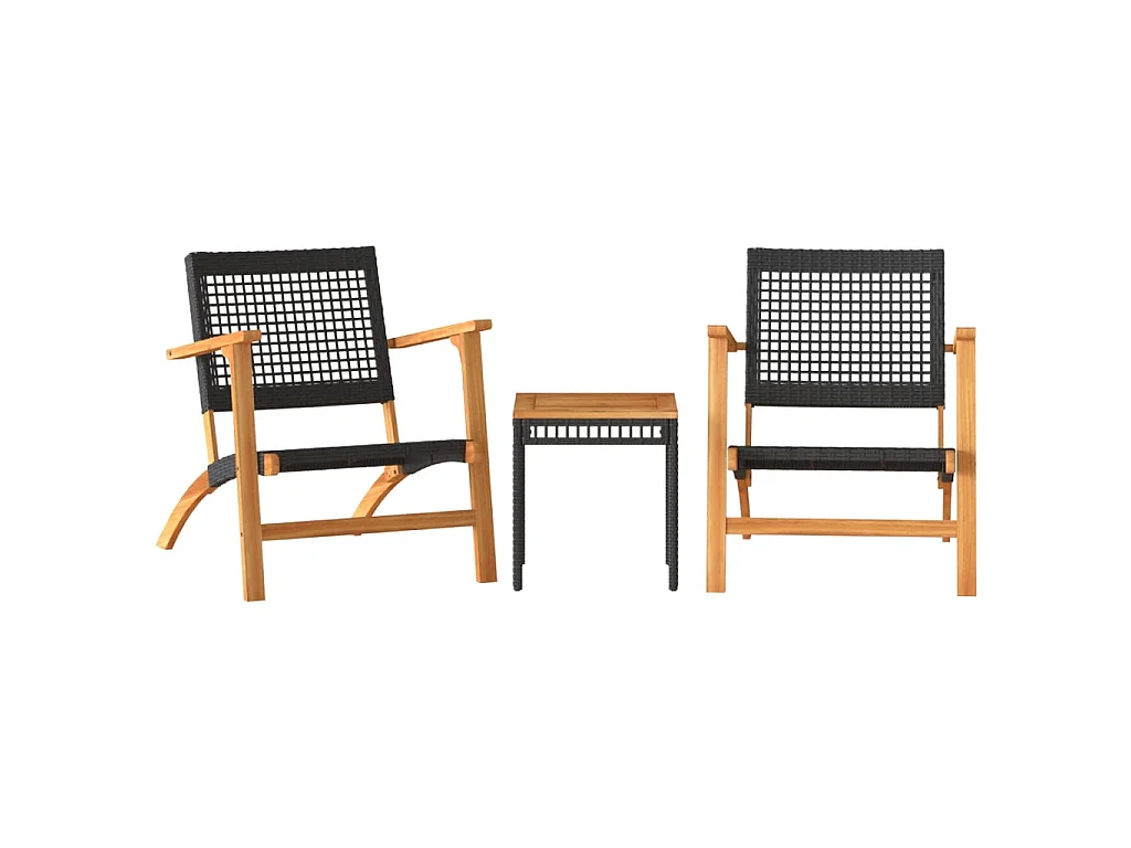 Juego de bistró 3 pzas ratán PE negro y madera maciza acacia