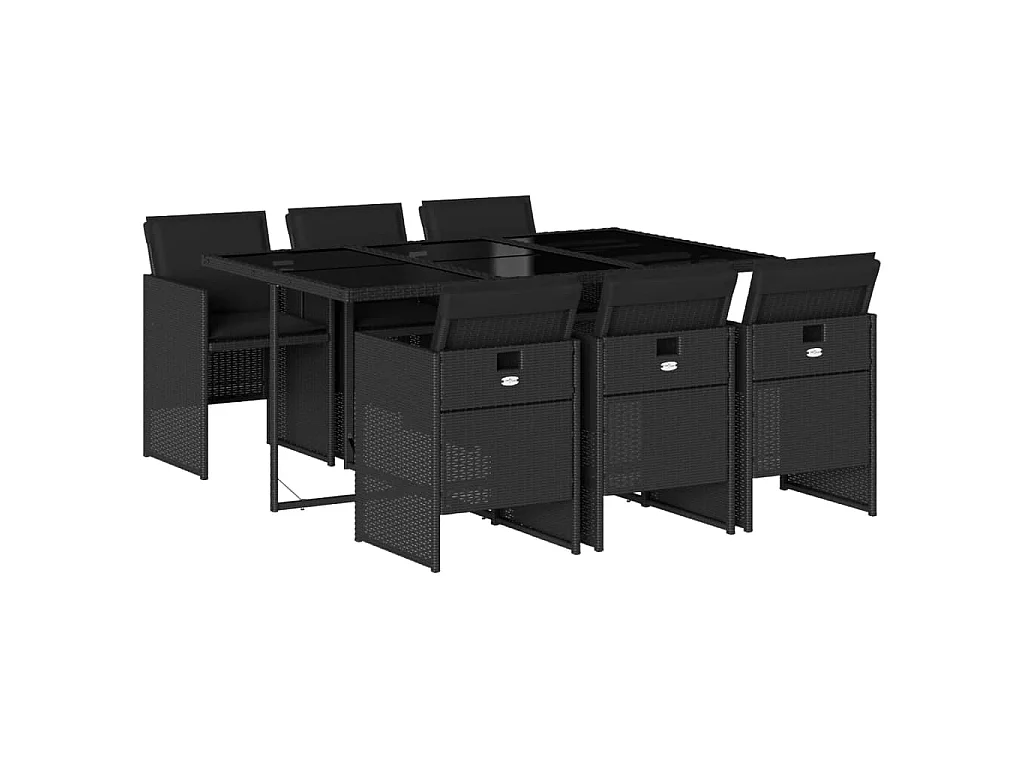 Set da Pranzo da Giardino 7 pz Nero con Cuscini in Polyrattan